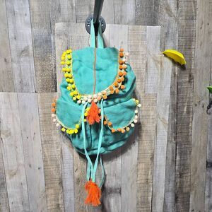 America & Beyond Teal Tassel Fringe Jute Backpack Rucksack